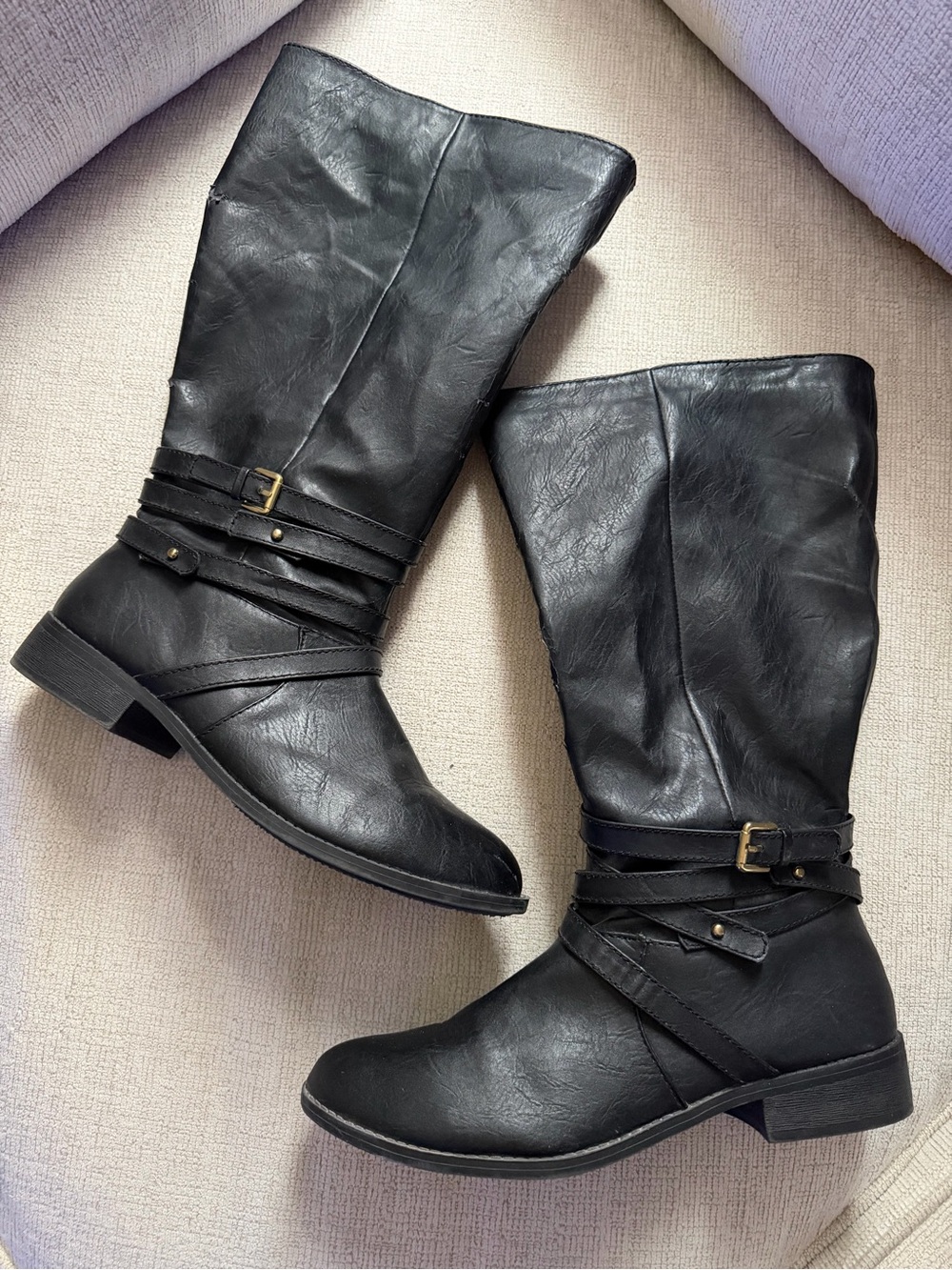 Brash Black Mid-Calf Buckled Riding Boots